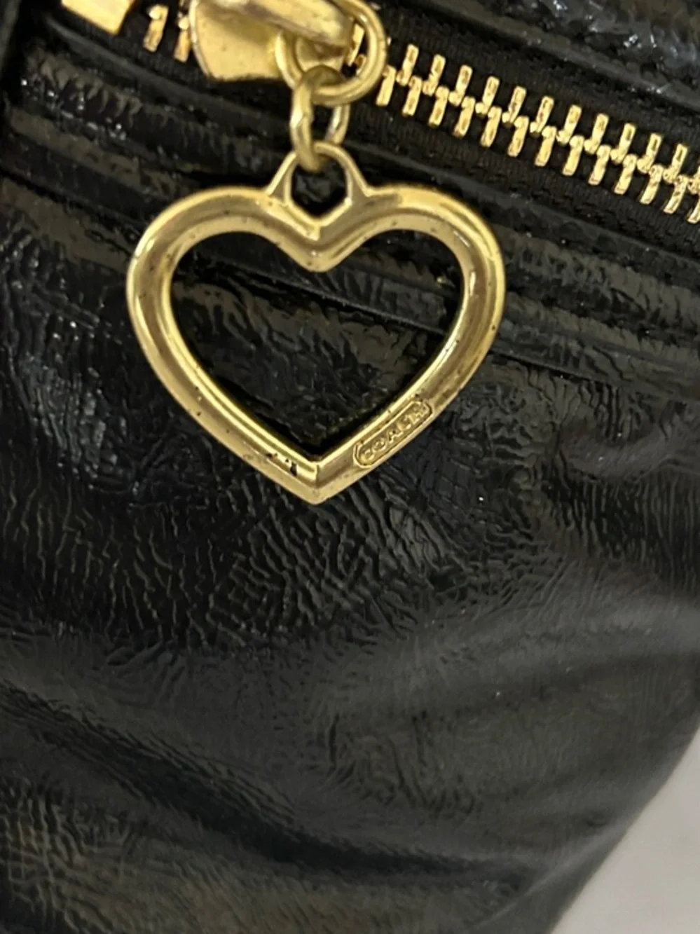 Coach Black Patent Leather Shoulder Tote with Heart Zip Pulls